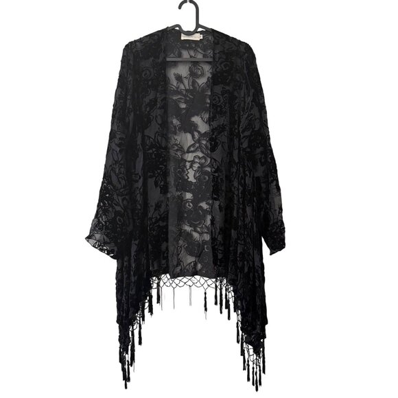 Johnny Was 4 Love & Liberty Black Whimsygoth Velvet Fringe Kimono Medium FLAW - Picture 1 of 8